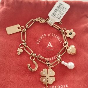 Anthropologie Gold-Tone Charm Bracelet with Clover, Heart & Pearl